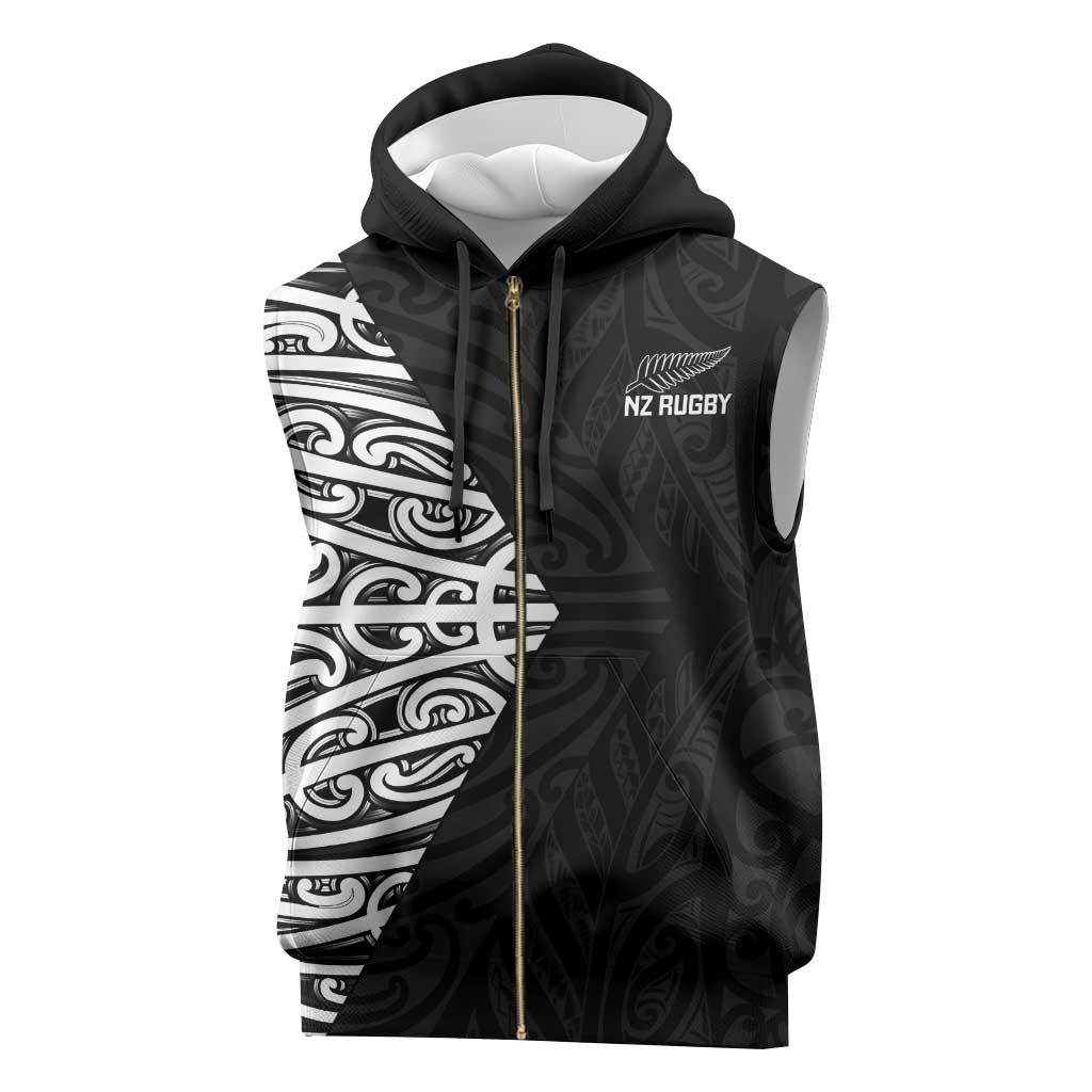 New Zealand Silver Fern Rugby Custom Sleeveless Zip Hoodie Maori Koru Go Black Fern - Aussie Hoodie