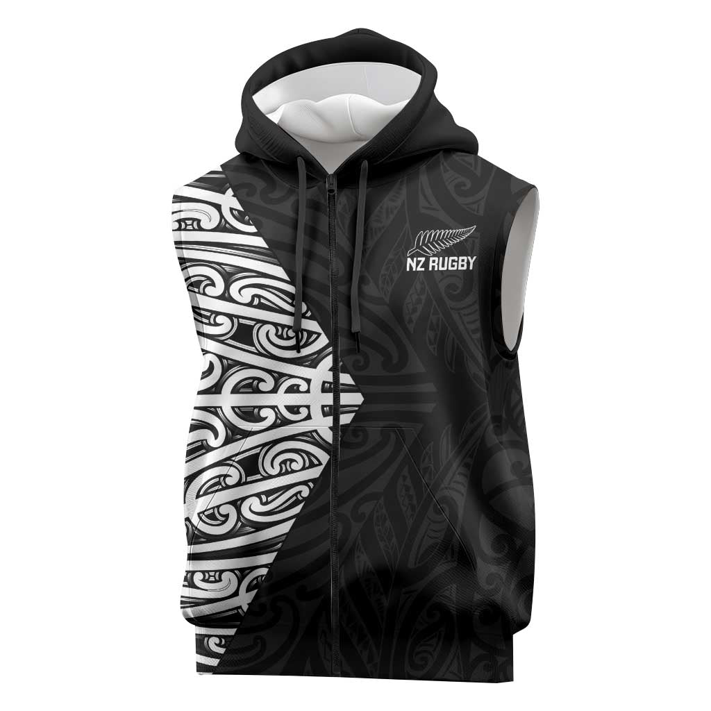 New Zealand Silver Fern Rugby Custom Sleeveless Zip Hoodie Maori Koru Go Black Fern LT14