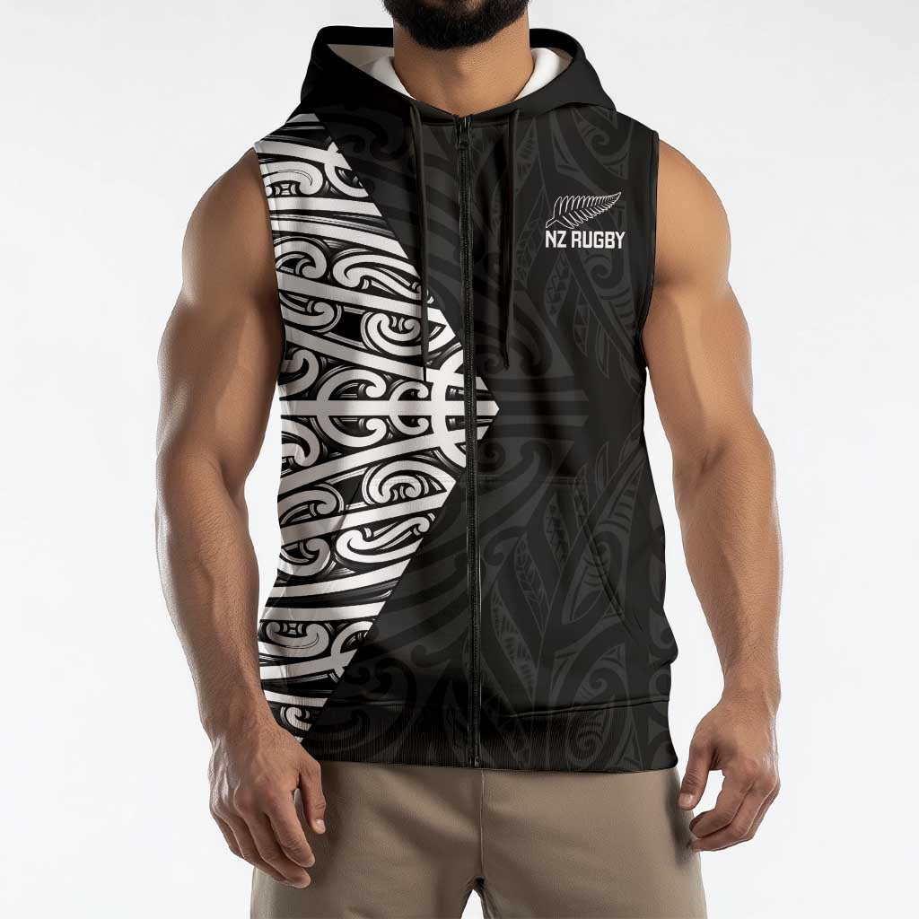 New Zealand Silver Fern Rugby Custom Sleeveless Zip Hoodie Maori Koru Go Black Fern LT14