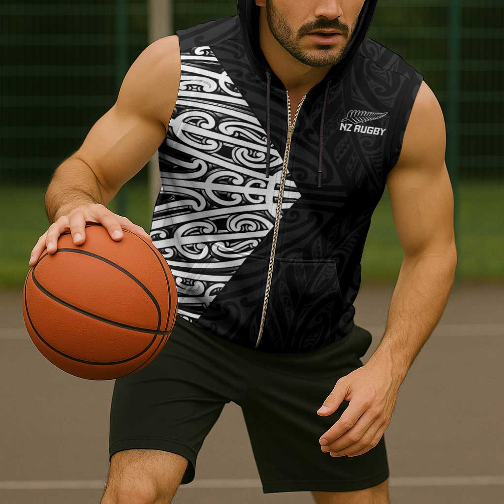 New Zealand Silver Fern Rugby Custom Sleeveless Zip Hoodie Maori Koru Go Black Fern - Aussie Hoodie