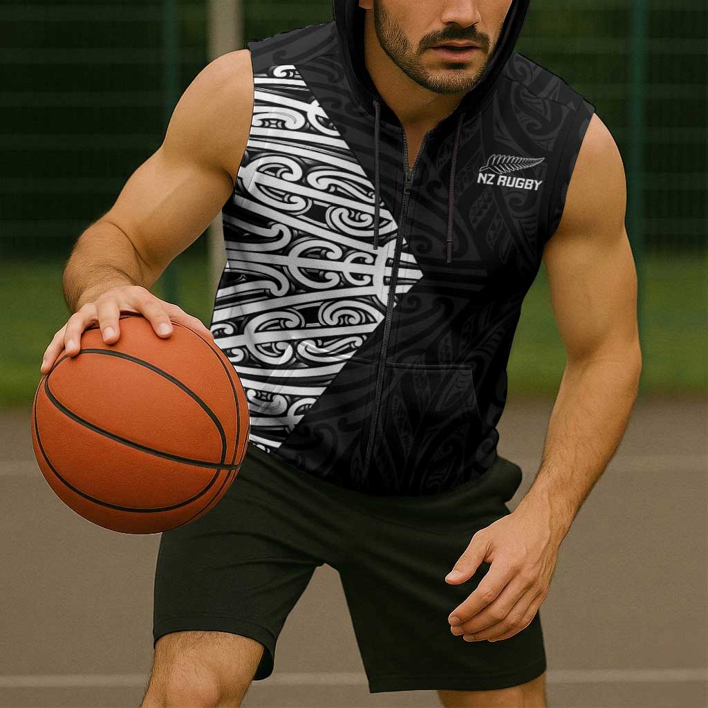 New Zealand Silver Fern Rugby Custom Sleeveless Zip Hoodie Maori Koru Go Black Fern LT14
