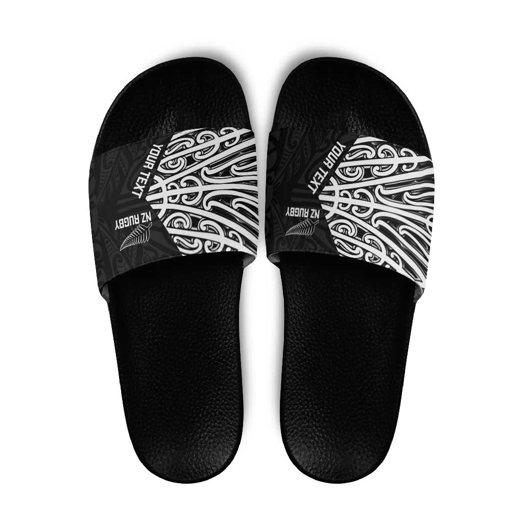 New Zealand Silver Fern Rugby Custom Slide Sandals Maori Koru Go Black Fern - Aussie Hoodie
