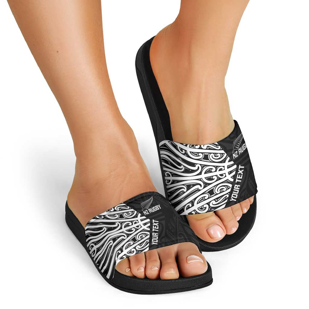 New Zealand Silver Fern Rugby Custom Slide Sandals Maori Koru Go Black Fern - Aussie Hoodie