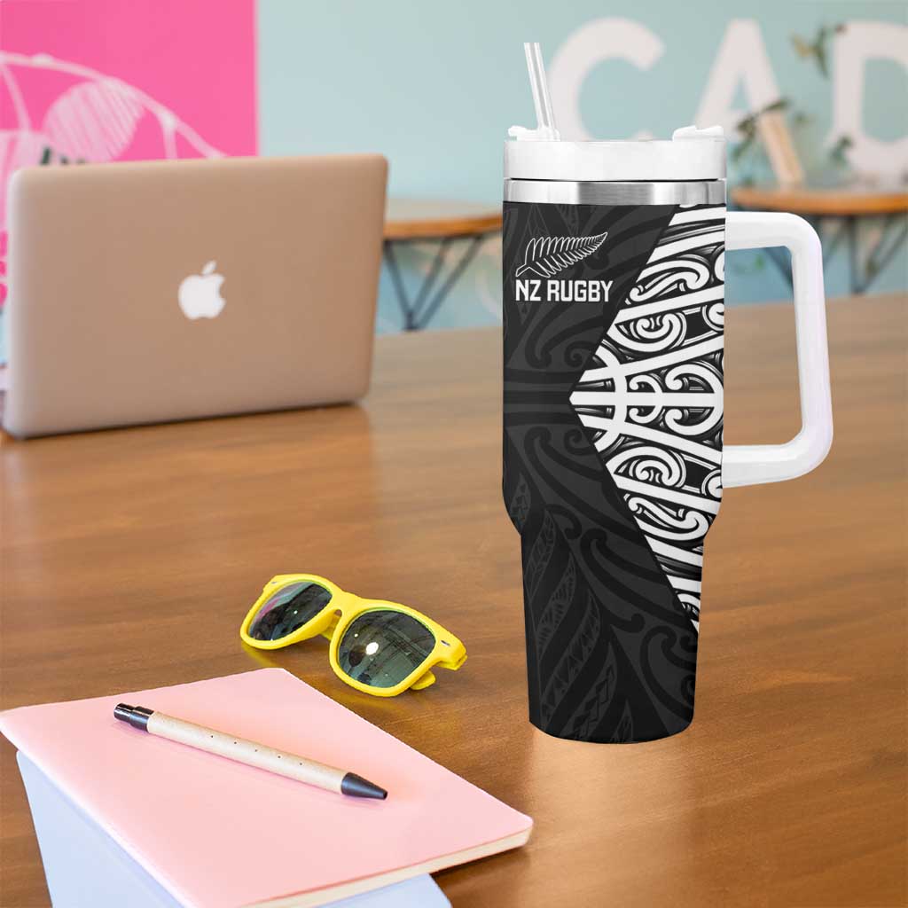 New Zealand Silver Fern Rugby Custom Tumbler With Handle Maori Koru Go Black Fern - Aussie Hoodie