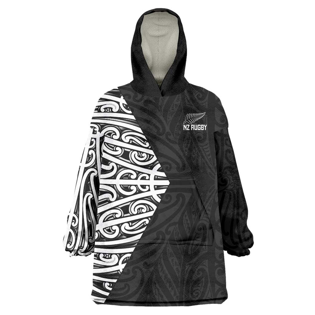 New Zealand Silver Fern Rugby Custom Wearable Blanket Hoodie Maori Koru Go Black Fern - Aussie Hoodie