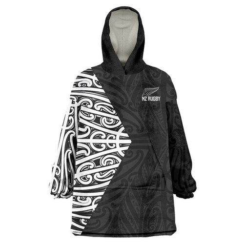 New Zealand Silver Fern Rugby Custom Wearable Blanket Hoodie Maori Koru Go Black Fern - Aussie Hoodie