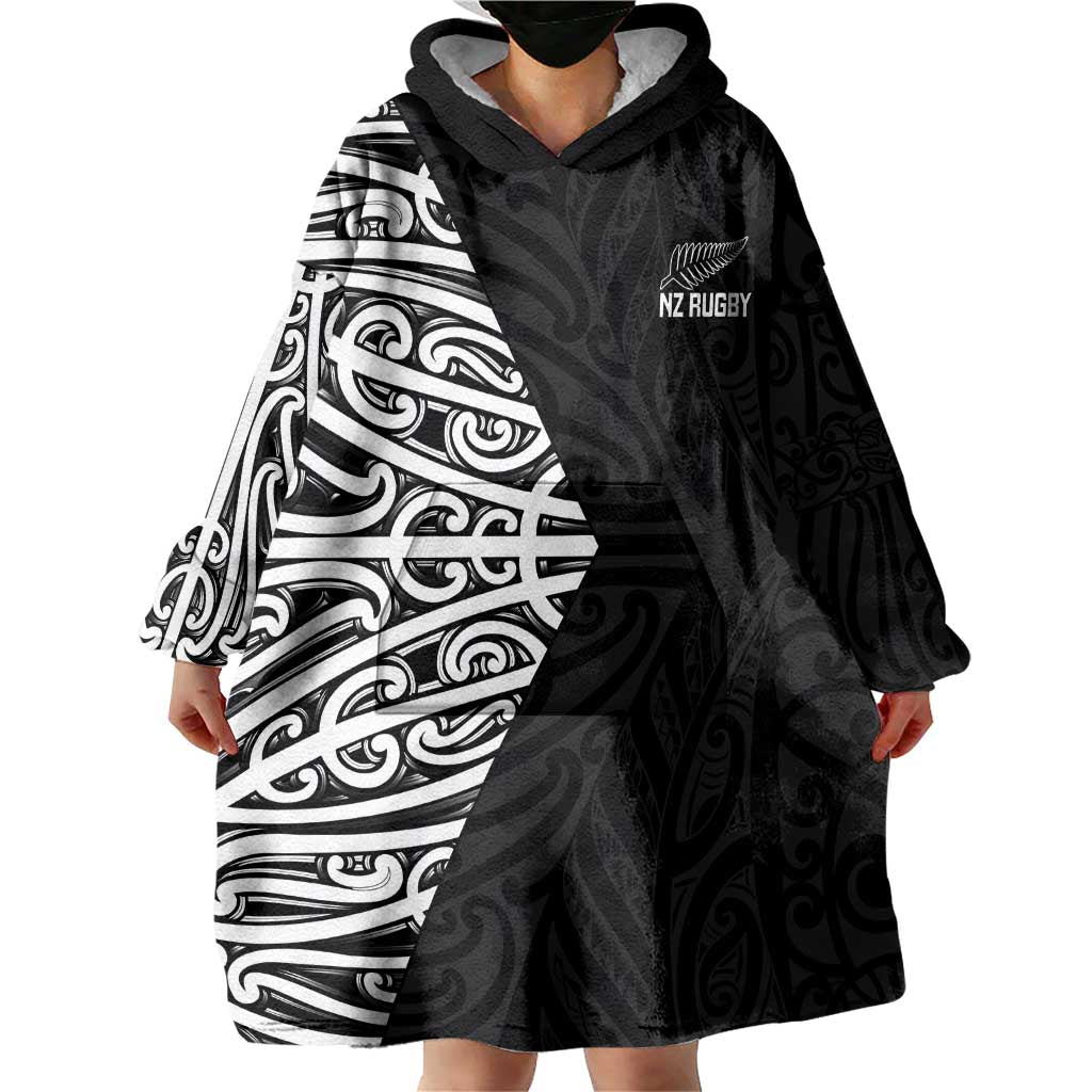 New Zealand Silver Fern Rugby Custom Wearable Blanket Hoodie Maori Koru Go Black Fern - Aussie Hoodie