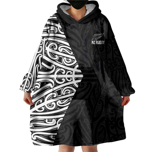 New Zealand Silver Fern Rugby Custom Wearable Blanket Hoodie Maori Koru Go Black Fern - Aussie Hoodie