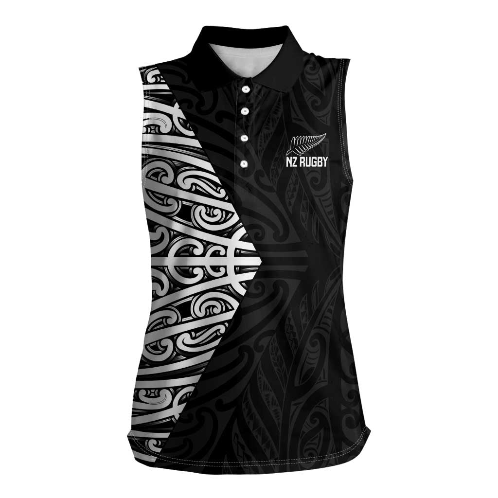 New Zealand Silver Fern Rugby Custom Women Sleeveless Polo Shirt Maori Koru Go Black Fern - Aussie Hoodie