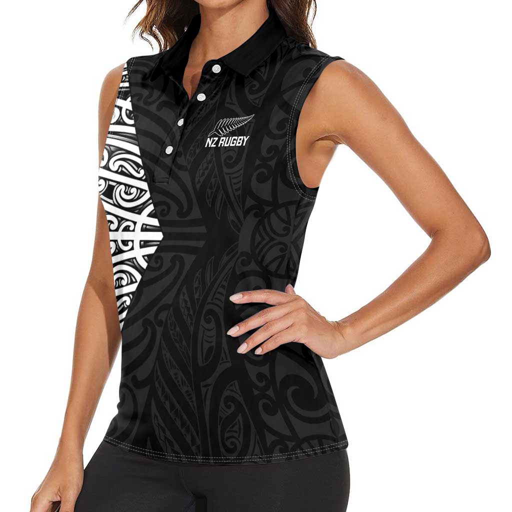 New Zealand Silver Fern Rugby Custom Women Sleeveless Polo Shirt Maori Koru Go Black Fern - Aussie Hoodie
