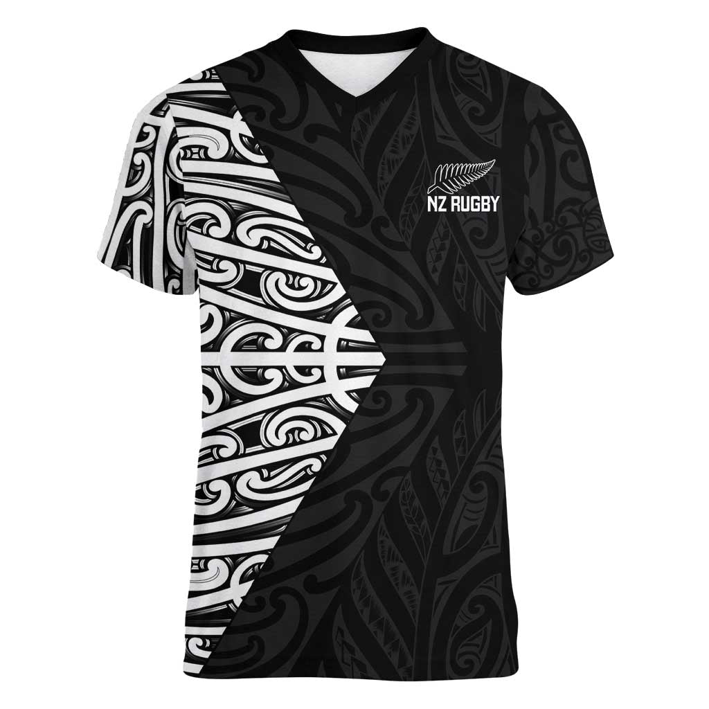New Zealand Silver Fern Rugby Custom Women V-Neck T-Shirt Maori Koru Go Black Fern - Aussie Hoodie
