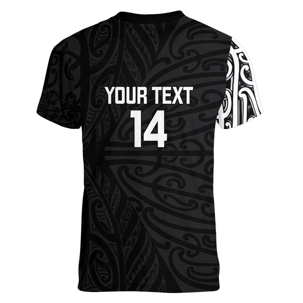 New Zealand Silver Fern Rugby Custom Women V-Neck T-Shirt Maori Koru Go Black Fern - Aussie Hoodie