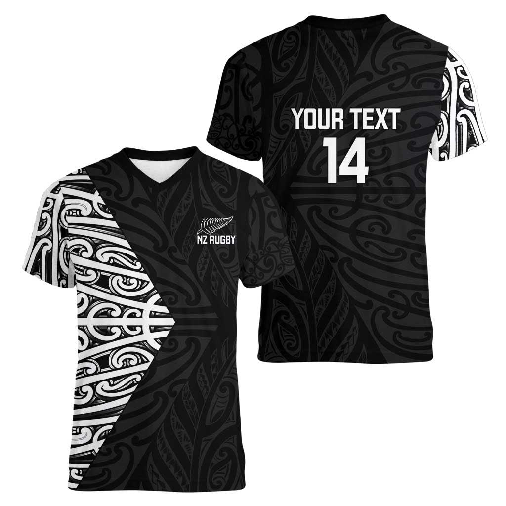 New Zealand Silver Fern Rugby Custom Women V-Neck T-Shirt Maori Koru Go Black Fern - Aussie Hoodie