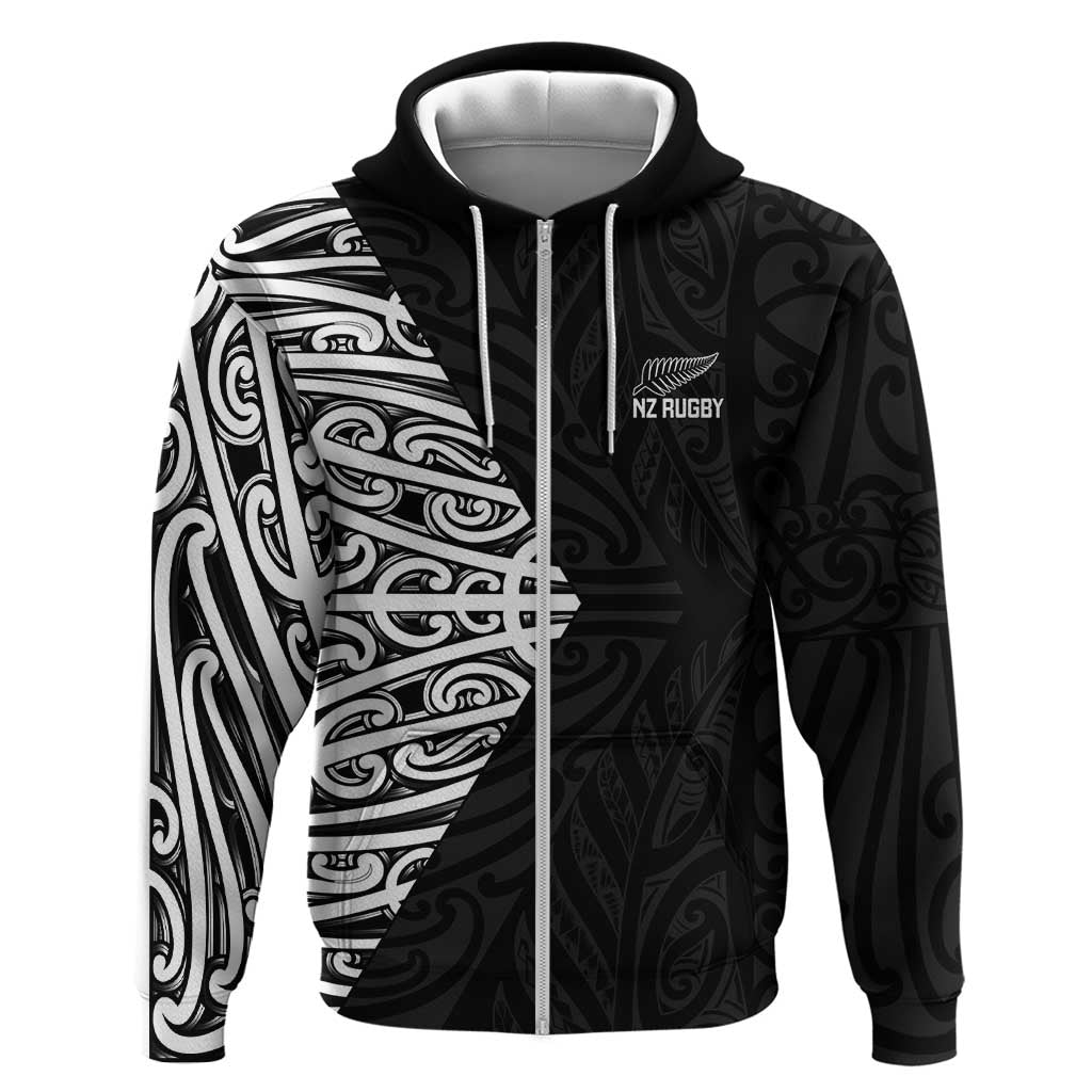 New Zealand Silver Fern Rugby Custom Zip Hoodie Maori Koru Go Black Fern - Aussie Hoodie
