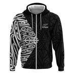 New Zealand Silver Fern Rugby Custom Zip Hoodie Maori Koru Go Black Fern - Aussie Hoodie