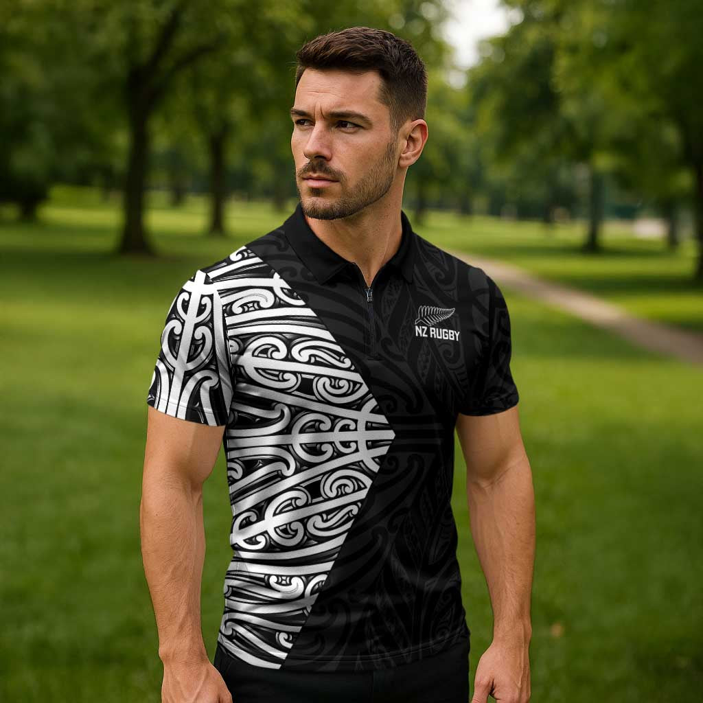 New Zealand Silver Fern Rugby Custom Zipper Polo Shirt Maori Koru Go Black Fern - Aussie Hoodie