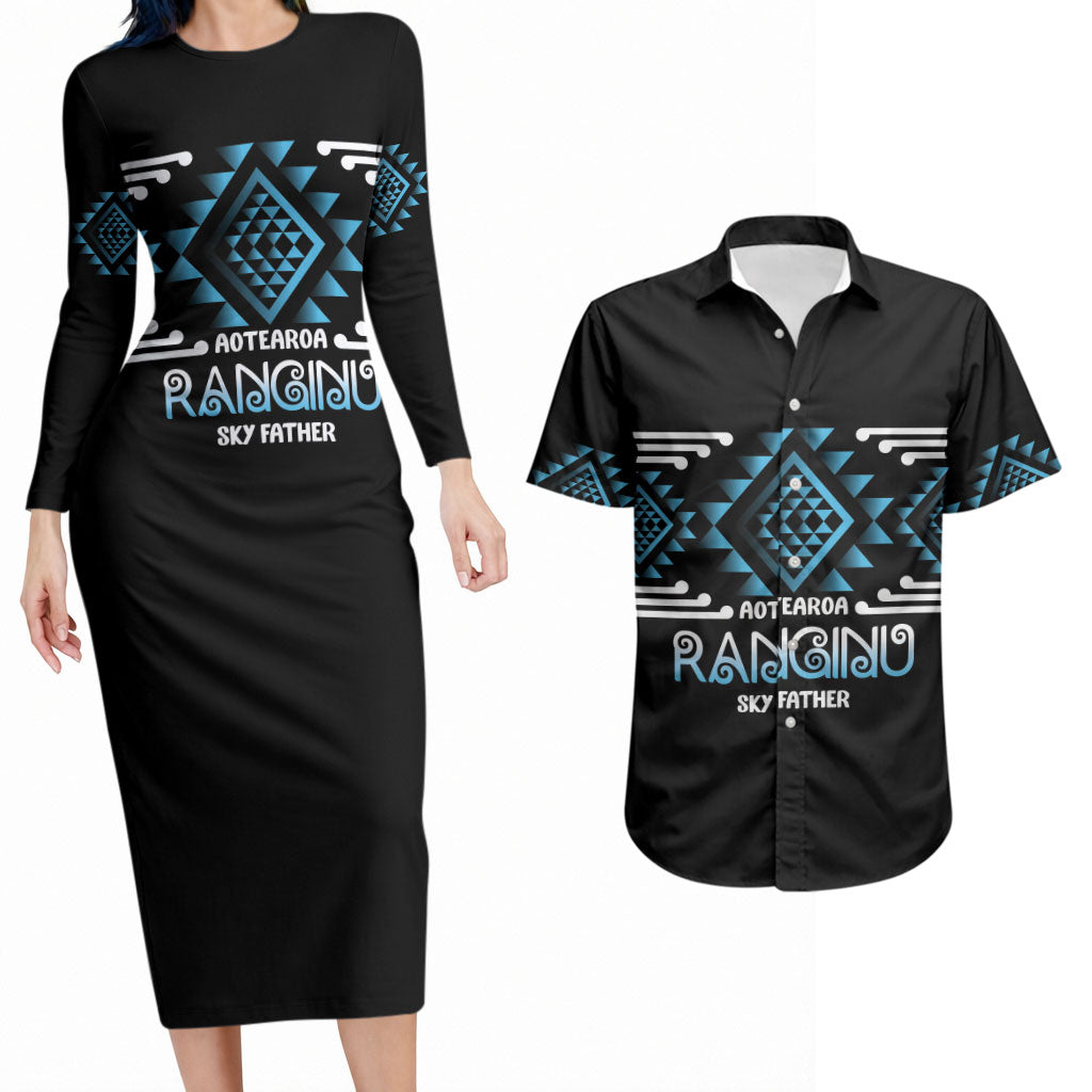 Aotearoa Atua Ranginui Personalised Couples Matching Long Sleeve Bodycon Dress and Hawaiian Shirt Maori Sky Father Taniko Motifs