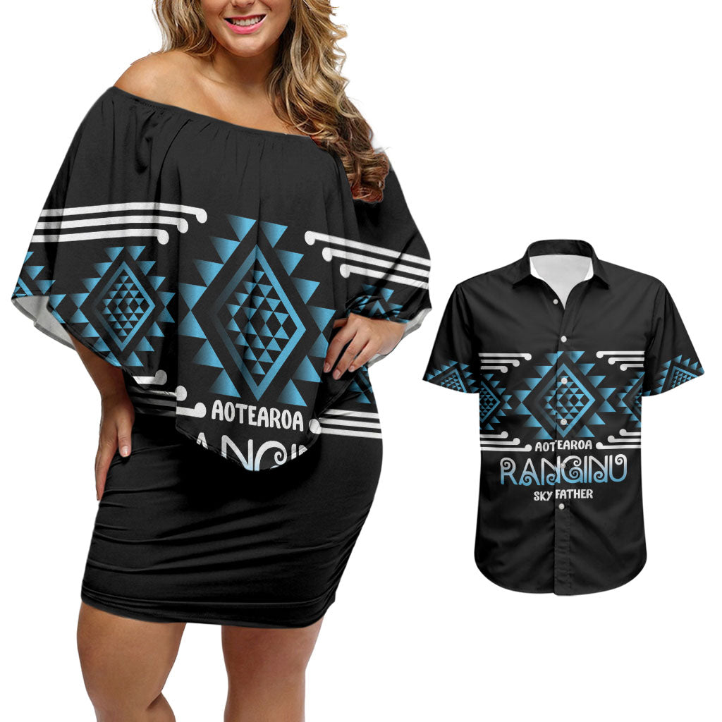 Aotearoa Atua Ranginui Personalised Couples Matching Off Shoulder Short Dress and Hawaiian Shirt Maori Sky Father Taniko Motifs