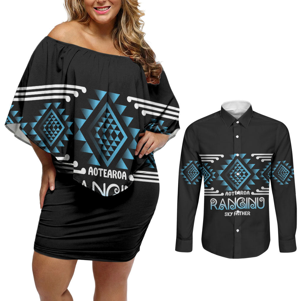 Aotearoa Atua Ranginui Personalised Couples Matching Off Shoulder Short Dress and Long Sleeve Button Shirt Maori Sky Father Taniko Motifs