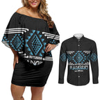 Aotearoa Atua Ranginui Personalised Couples Matching Off Shoulder Short Dress and Long Sleeve Button Shirt Maori Sky Father Taniko Motifs