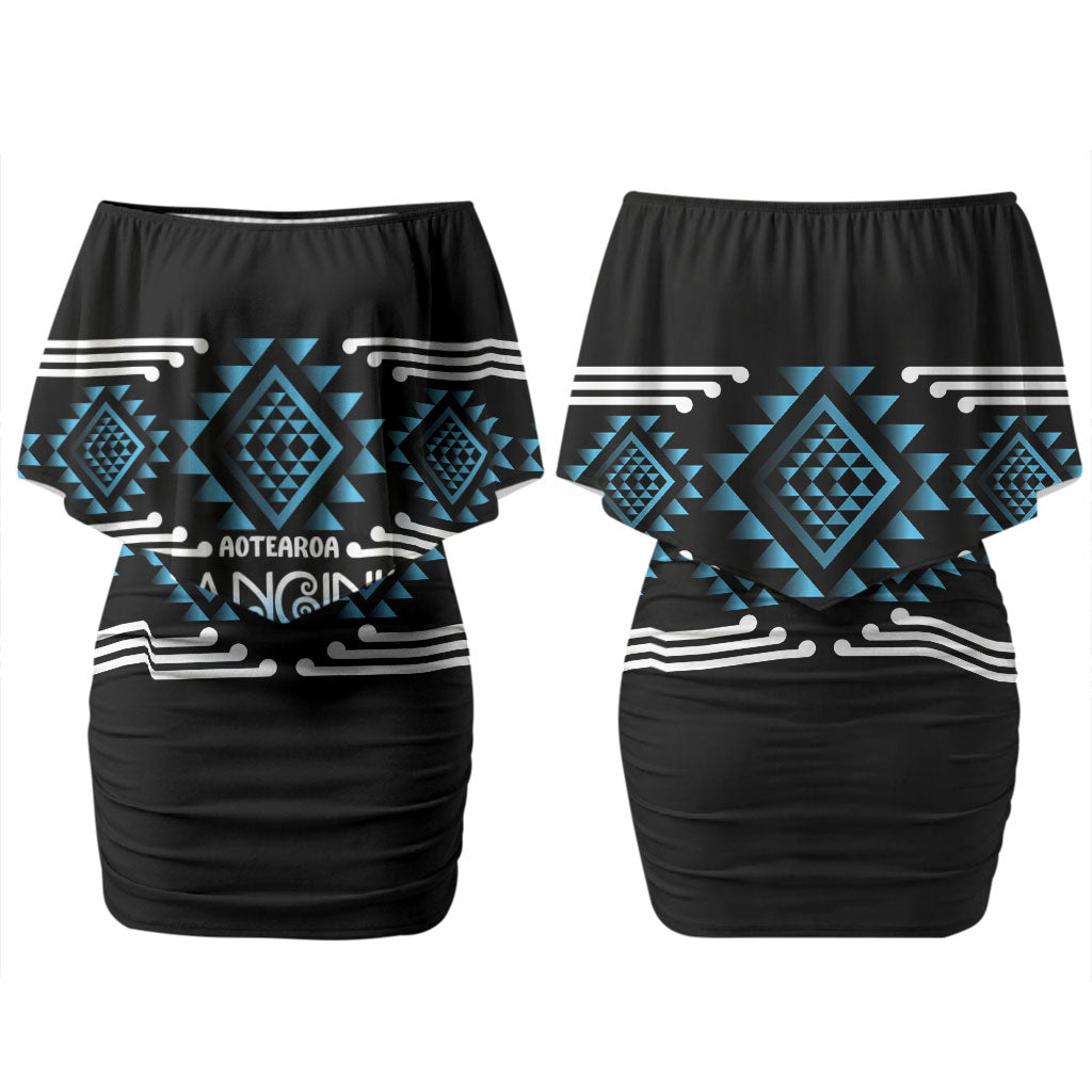 Aotearoa Atua Ranginui Personalised Couples Matching Off Shoulder Short Dress and Long Sleeve Button Shirt Maori Sky Father Taniko Motifs