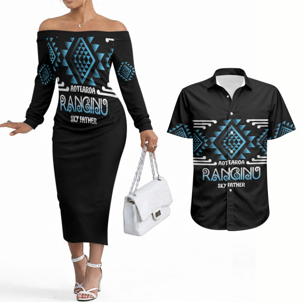 Aotearoa Atua Ranginui Personalised Couples Matching Off The Shoulder Long Sleeve Dress and Hawaiian Shirt Maori Sky Father Taniko Motifs