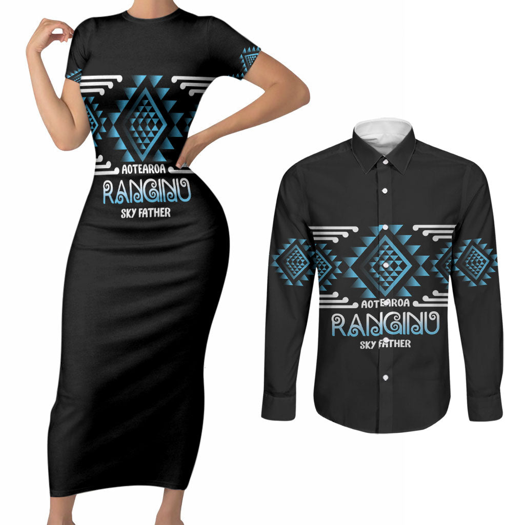 Aotearoa Atua Ranginui Personalised Couples Matching Short Sleeve Bodycon Dress and Long Sleeve Button Shirt Maori Sky Father Taniko Motifs