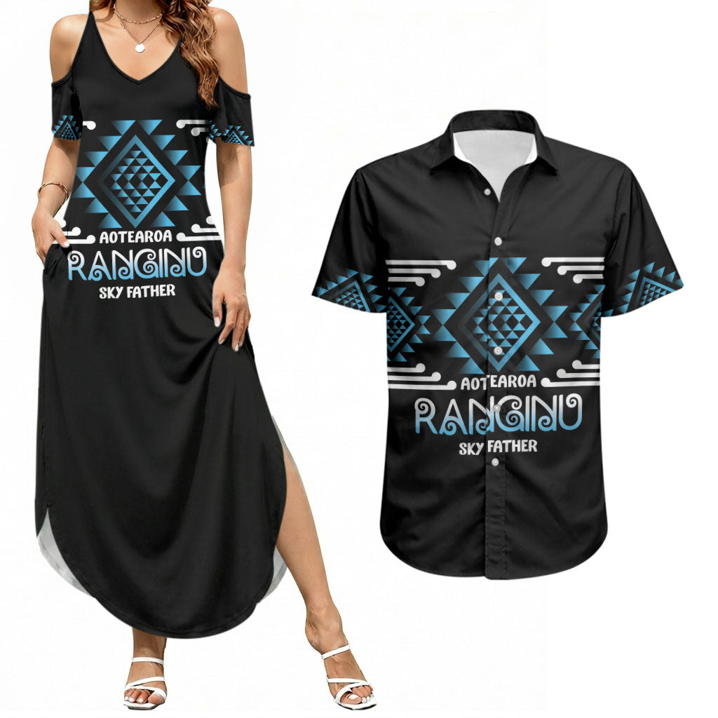 Aotearoa Atua Ranginui Personalised Couples Matching Summer Maxi Dress and Hawaiian Shirt Maori Sky Father Taniko Motifs