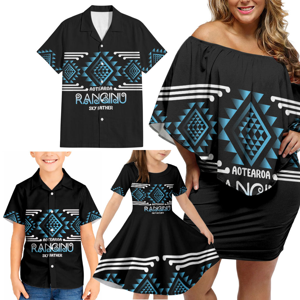 Aotearoa Atua Ranginui Personalised Family Matching Off Shoulder Short Dress and Hawaiian Shirt Maori Sky Father Taniko Motifs