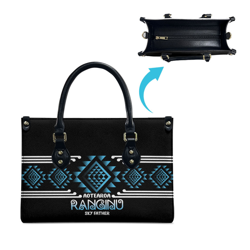 Aotearoa Atua Ranginui Leather Bag Maori Sky Father Taniko Motifs