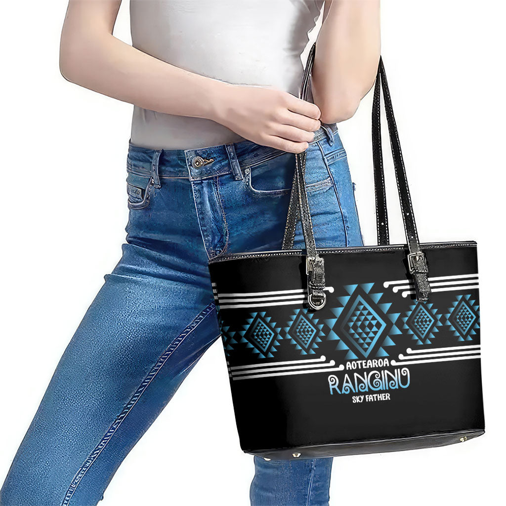 Aotearoa Atua Ranginui Leather Tote Bag Maori Sky Father Taniko Motifs