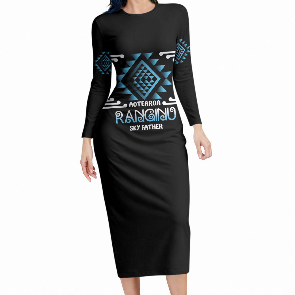 Aotearoa Atua Ranginui Personalised Long Sleeve Bodycon Dress Maori Sky Father Taniko Motifs