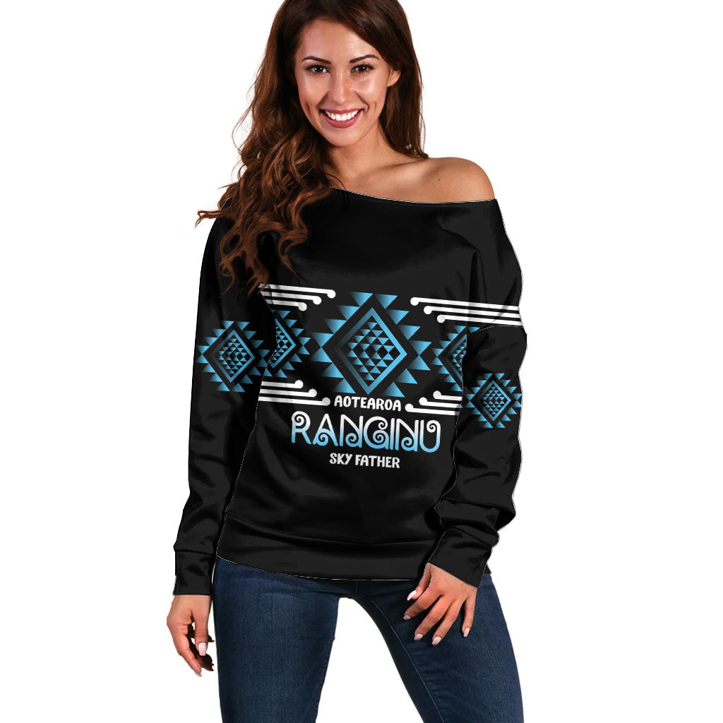 Aotearoa Atua Ranginui Personalised Off Shoulder Sweater Maori Sky Father Taniko Motifs