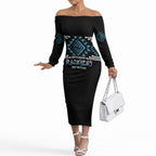 Aotearoa Atua Ranginui Personalised Off The Shoulder Long Sleeve Dress Maori Sky Father Taniko Motifs