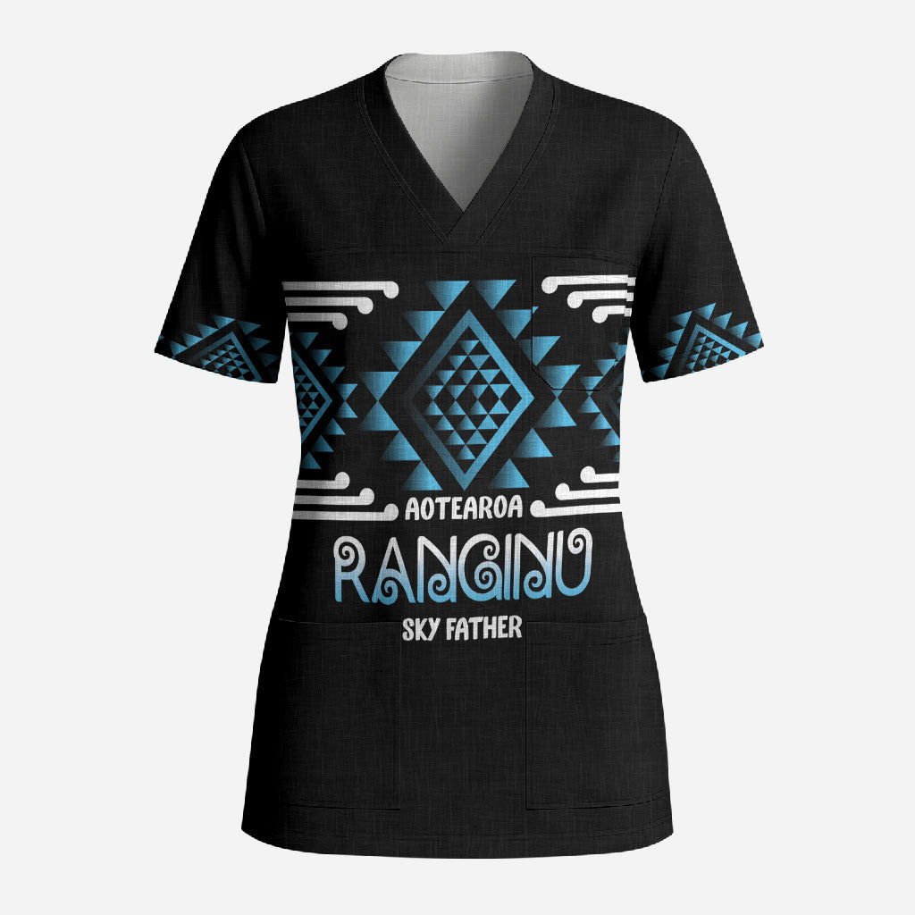 Aotearoa Atua Ranginui Personalised Scrub Top Maori Sky Father Taniko Motifs