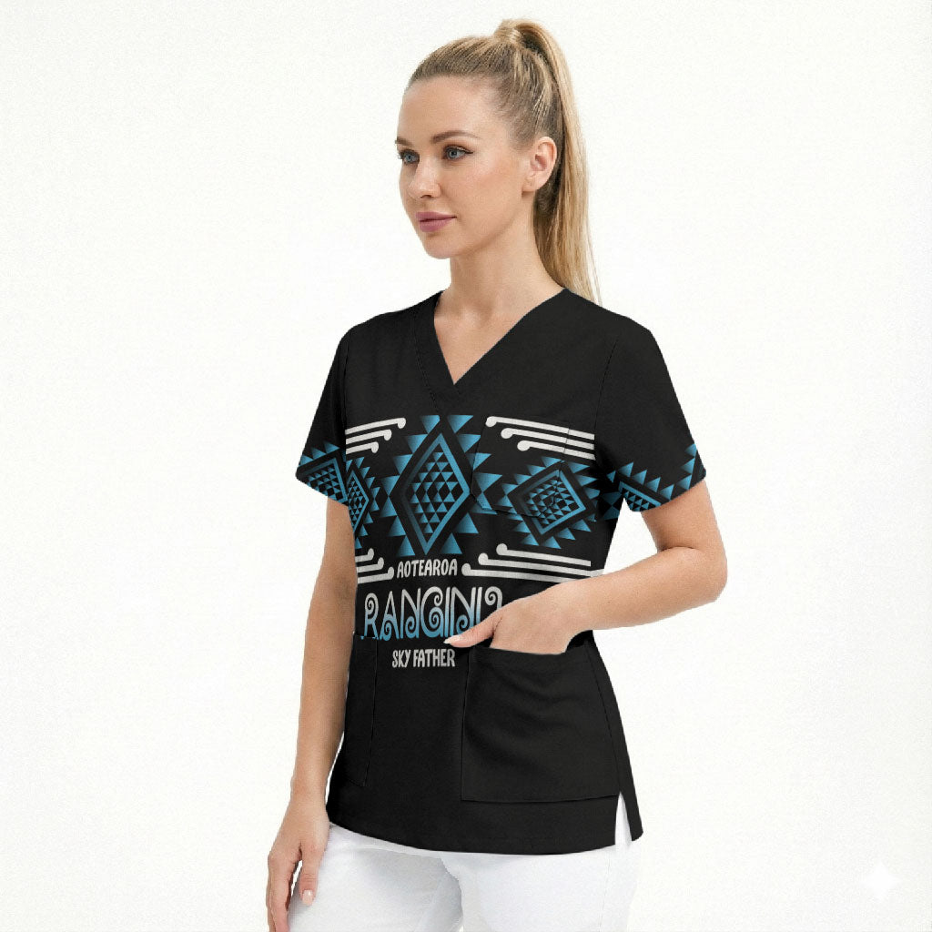 Aotearoa Atua Ranginui Personalised Scrub Top Maori Sky Father Taniko Motifs