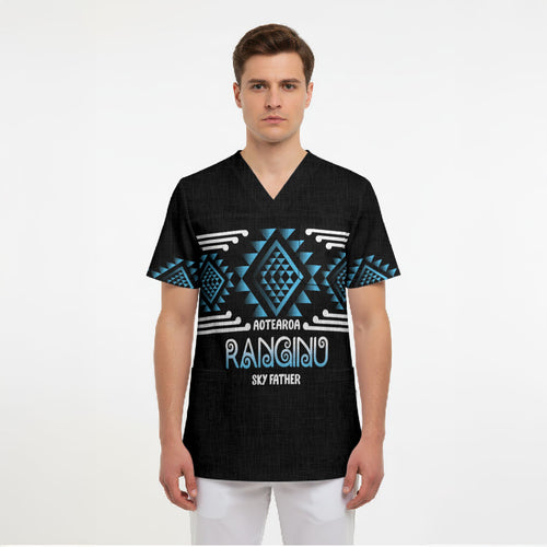 Aotearoa Atua Ranginui Personalised Scrub Top Maori Sky Father Taniko Motifs