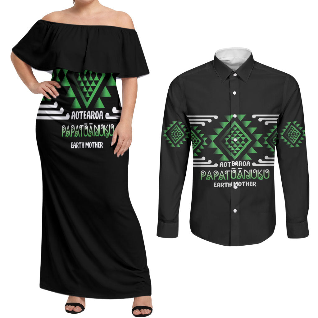 Aotearoa Atua Papatuanuku Personalised Couples Matching Off Shoulder Maxi Dress and Long Sleeve Button Shirt Maori Earth Mother Taniko Motifs