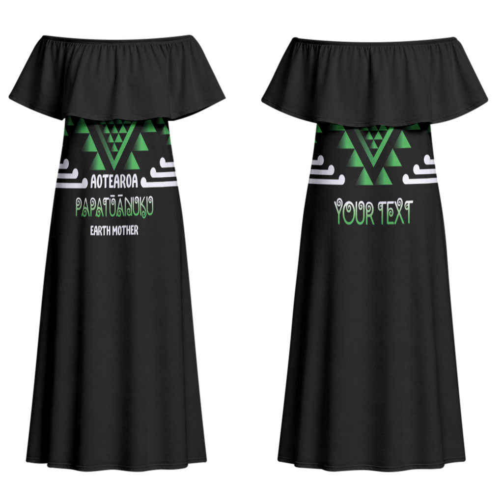 Aotearoa Atua Papatuanuku Personalised Couples Matching Off Shoulder Maxi Dress and Long Sleeve Button Shirt Maori Earth Mother Taniko Motifs