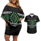 Aotearoa Atua Papatuanuku Personalised Couples Matching Off Shoulder Short Dress and Hawaiian Shirt Maori Earth Mother Taniko Motifs