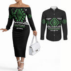 Aotearoa Atua Papatuanuku Personalised Couples Matching Off The Shoulder Long Sleeve Dress and Long Sleeve Button Shirt Maori Earth Mother Taniko Motifs