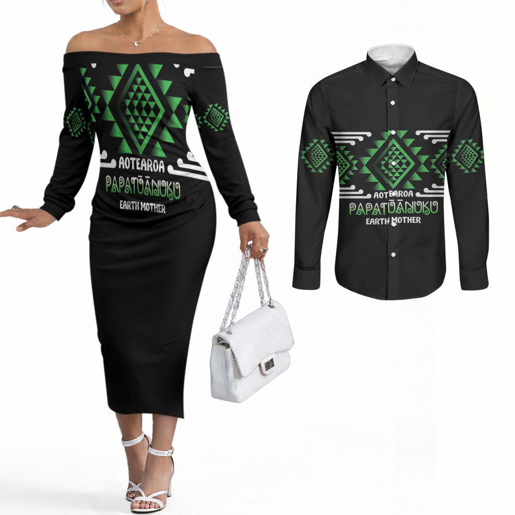 Aotearoa Atua Papatuanuku Personalised Couples Matching Off The Shoulder Long Sleeve Dress and Long Sleeve Button Shirt Maori Earth Mother Taniko Motifs