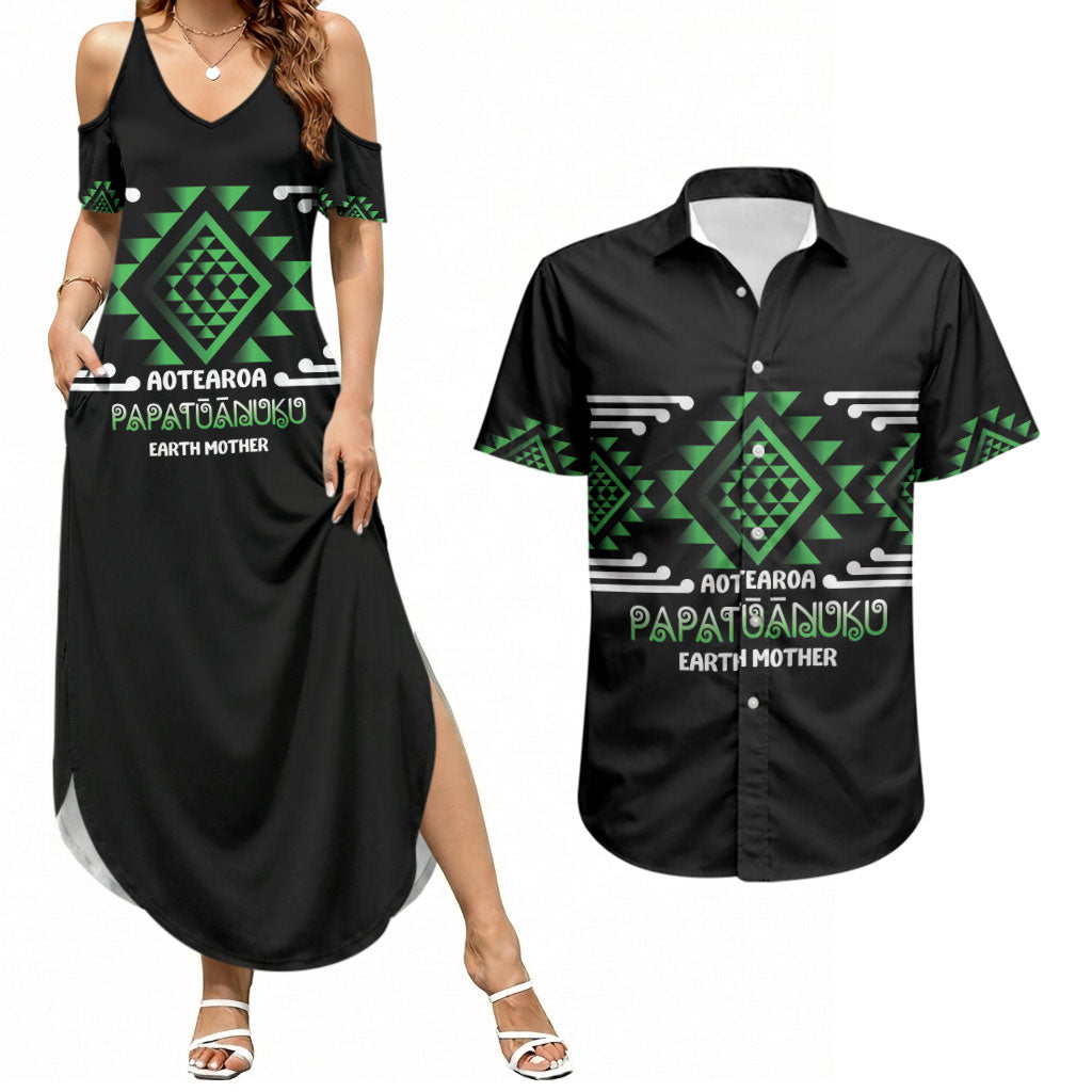 Aotearoa Atua Papatuanuku Personalised Couples Matching Summer Maxi Dress and Hawaiian Shirt Maori Earth Mother Taniko Motifs