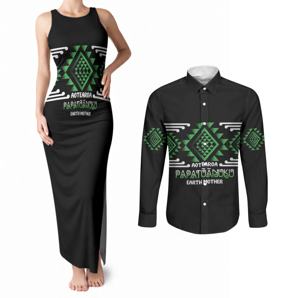 Aotearoa Atua Papatuanuku Personalised Couples Matching Tank Maxi Dress and Long Sleeve Button Shirt Maori Earth Mother Taniko Motifs