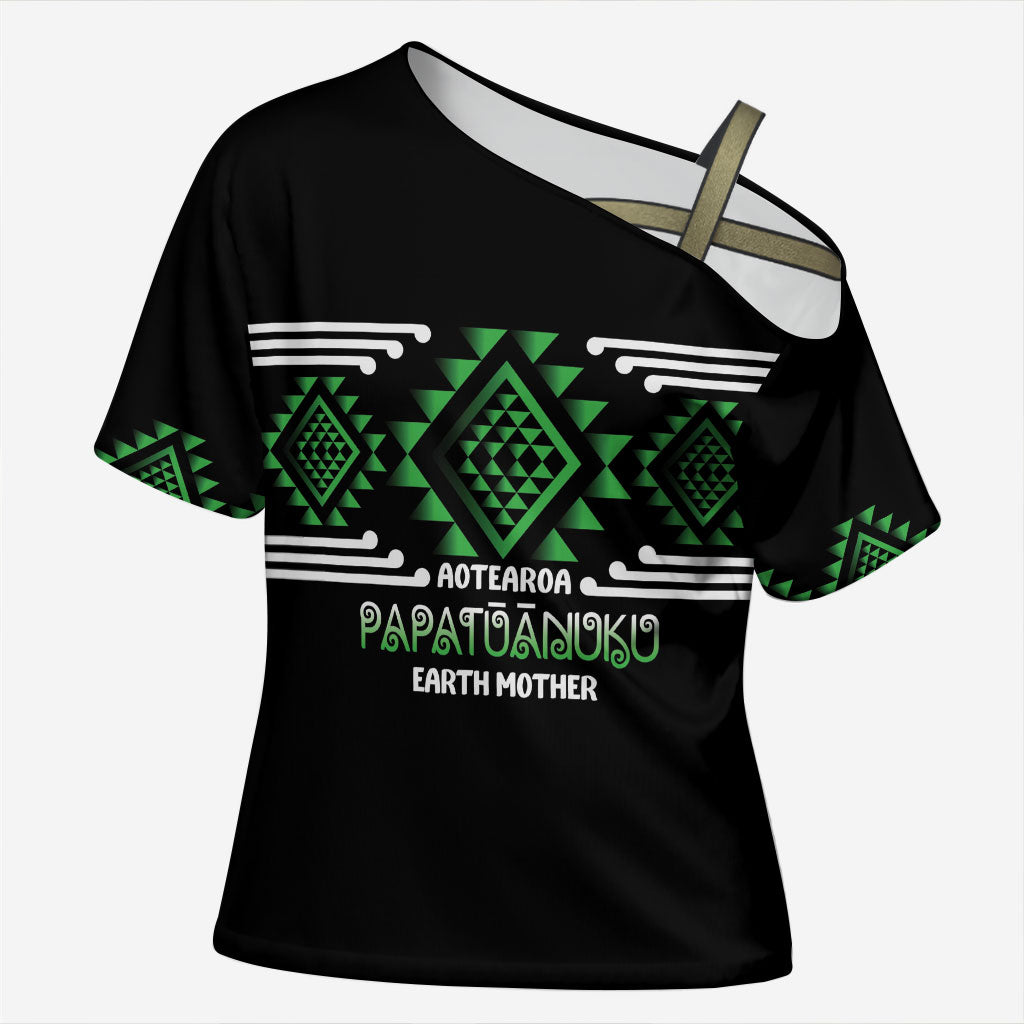 Aotearoa Atua Papatuanuku Personalised Cross Shoulder Shirt Maori Earth Mother Taniko Motifs