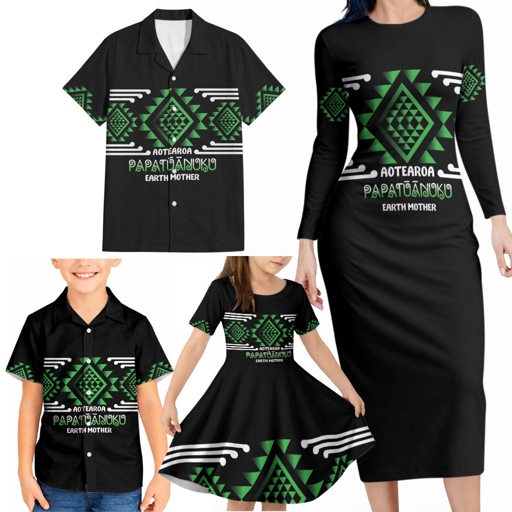 Aotearoa Atua Papatuanuku Personalised Family Matching Long Sleeve Bodycon Dress and Hawaiian Shirt Maori Earth Mother Taniko Motifs