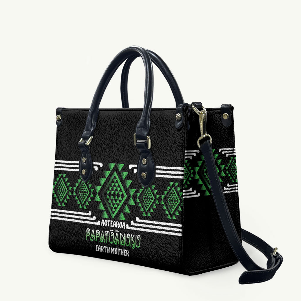 Aotearoa Atua Papatuanuku Leather Bag Maori Earth Mother Taniko Motifs