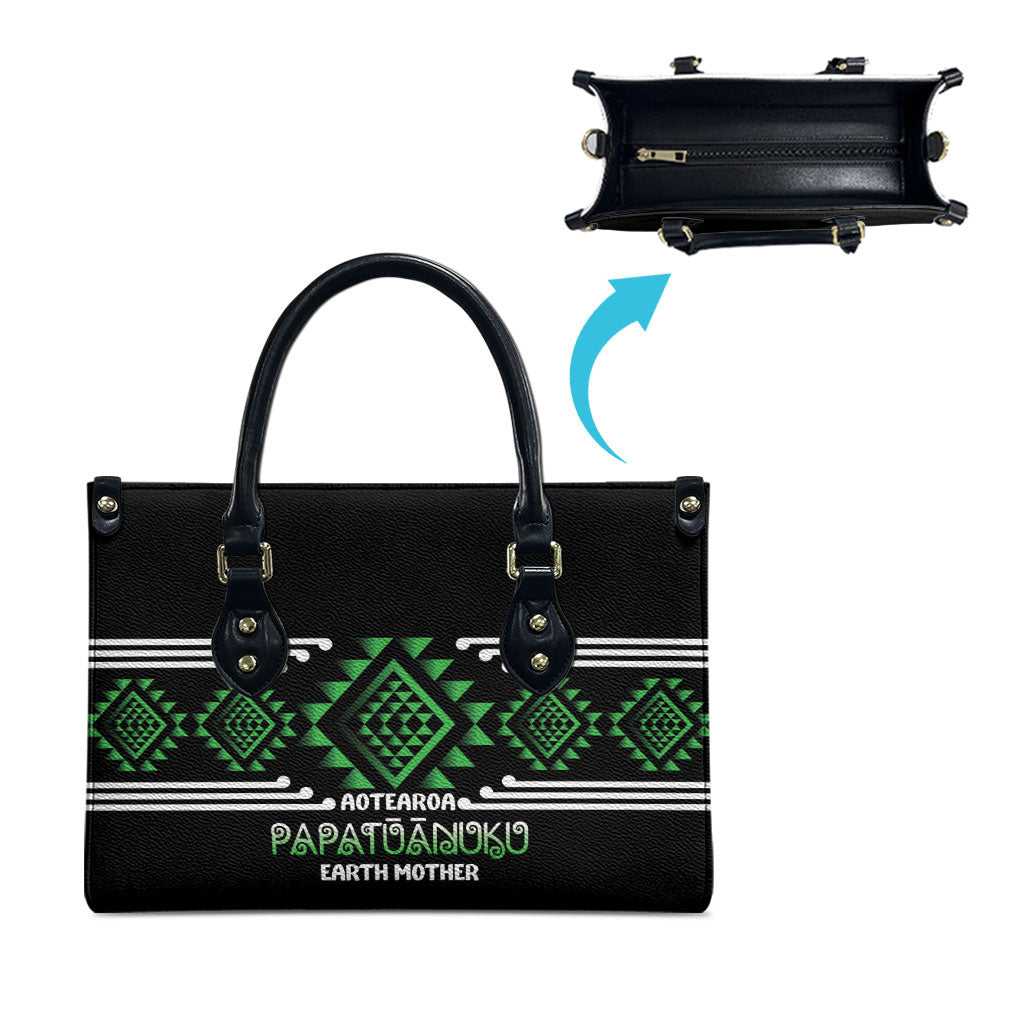 Aotearoa Atua Papatuanuku Leather Bag Maori Earth Mother Taniko Motifs