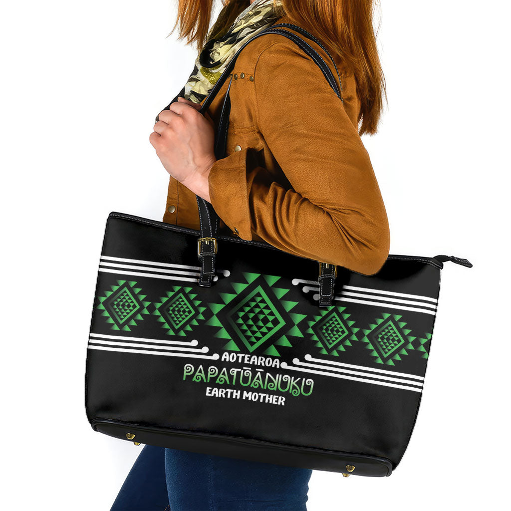 Aotearoa Atua Papatuanuku Leather Tote Bag Maori Earth Mother Taniko Motifs