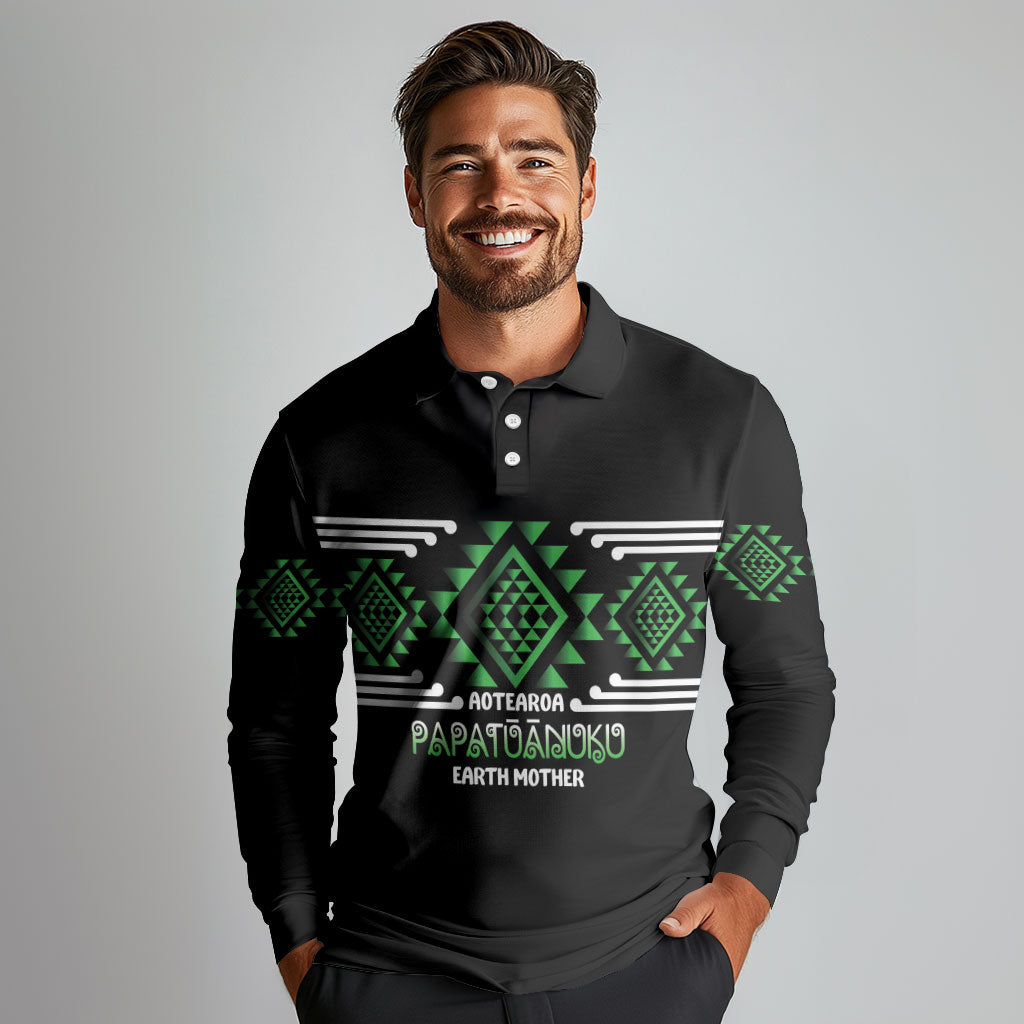 Aotearoa Atua Papatuanuku Personalised Long Sleeve Polo Shirt Maori Earth Mother Taniko Motifs